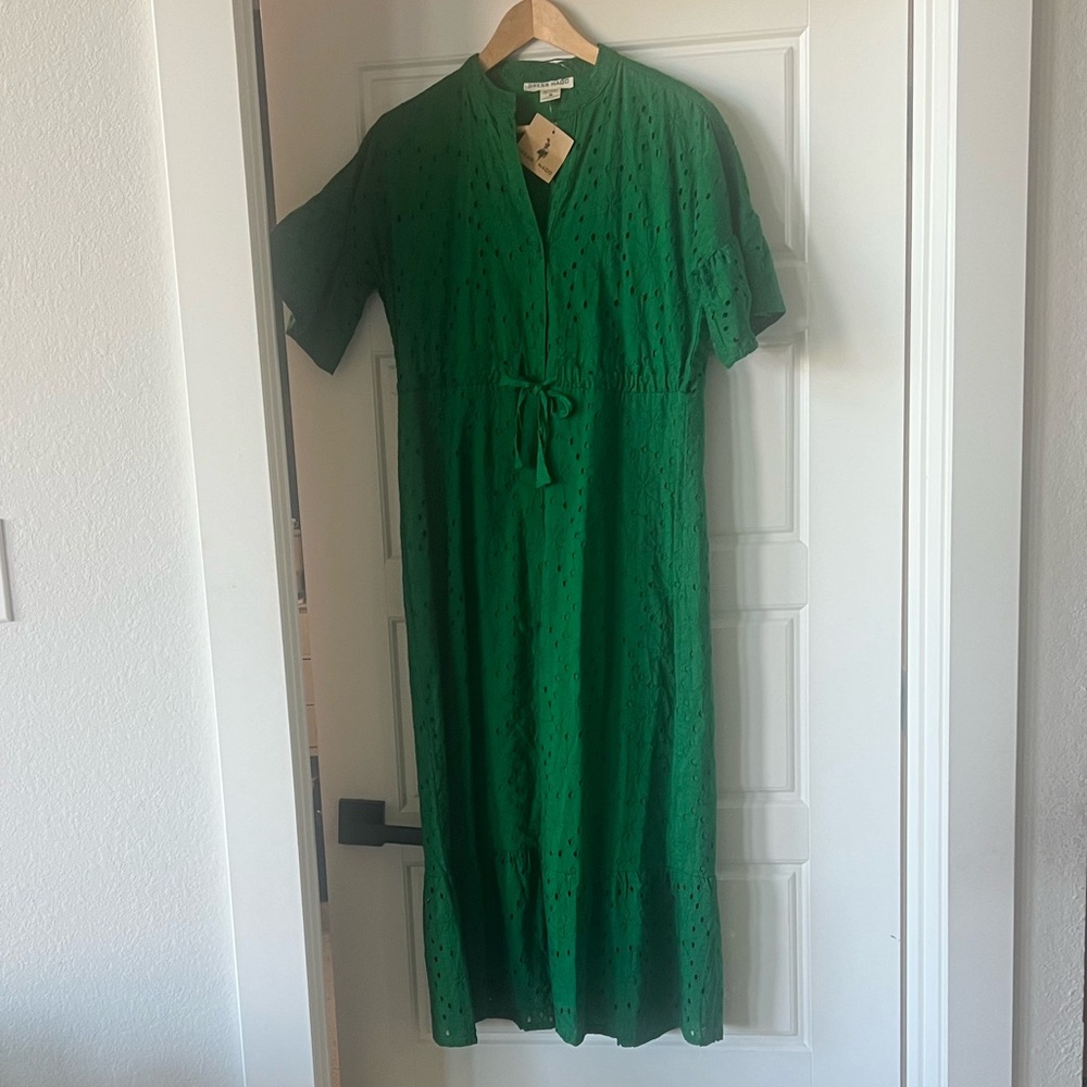 Green Eyelet Midi Dress with Tie Waist